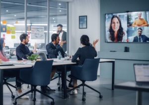 video conference with remote workers at hybrid workplace